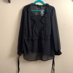 Black white polka dot ruffle blouse